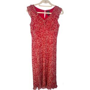 INC Red Floral Chiffon 100% Silk Ruffle Neckline Sun Dress size 4